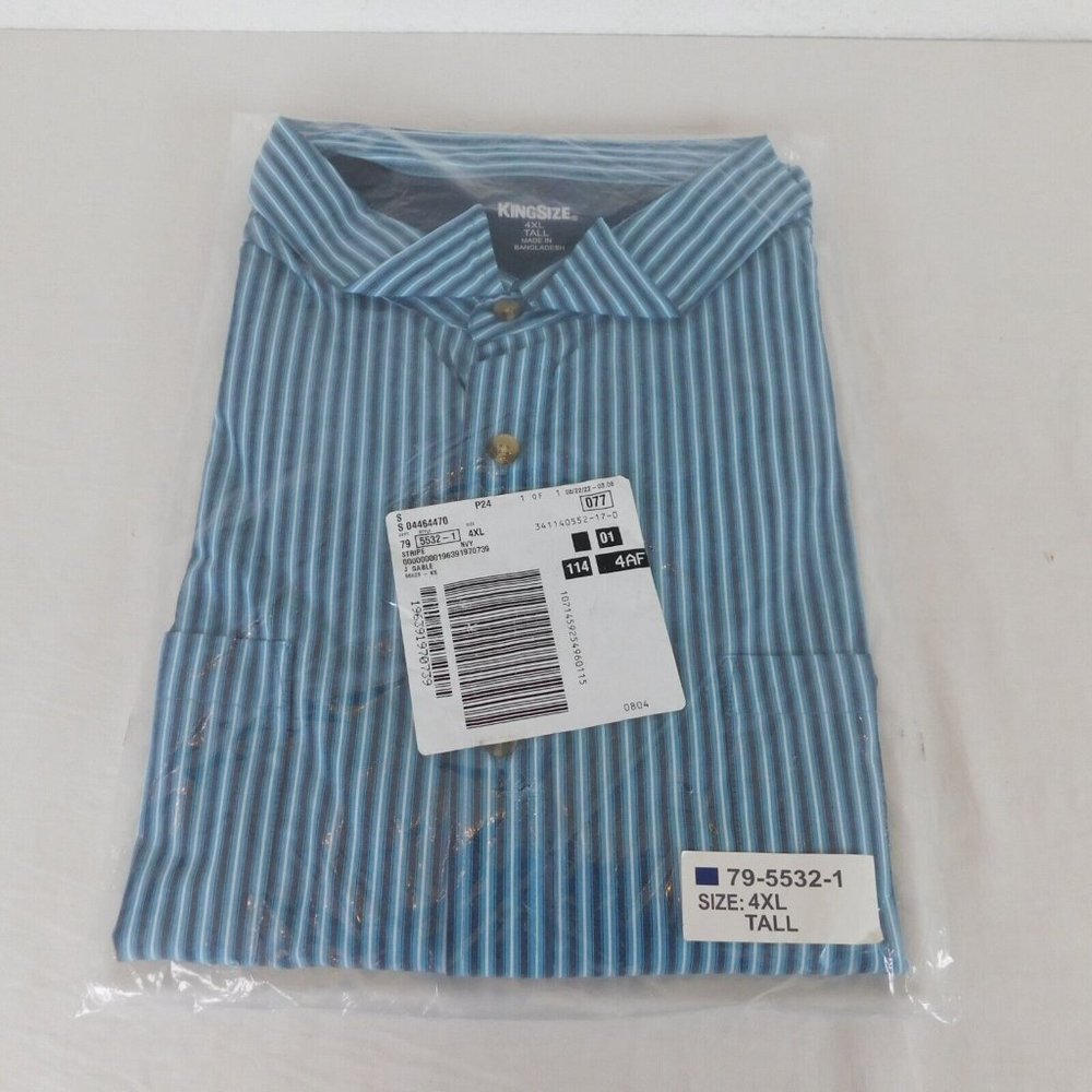 King Size Stripe Short Sleeve Sport Shirt 4XL Tall Navy Blue White Button Pocket